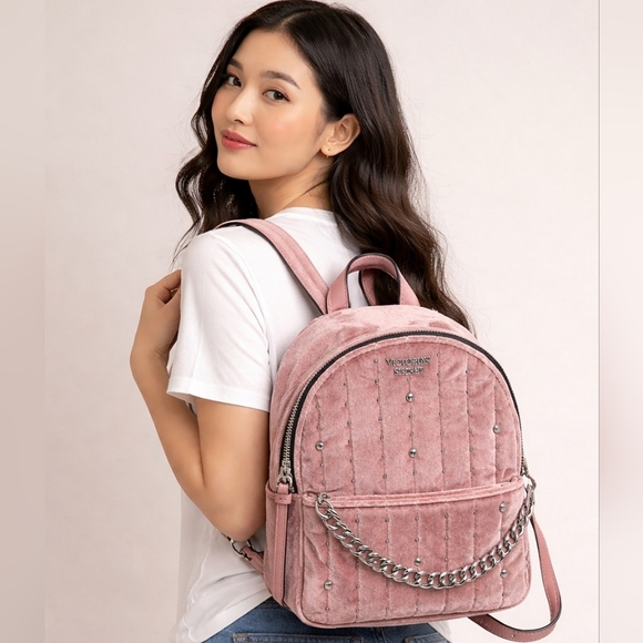 Victoria's Secret Handbags - VICTORIA SECRET BACKPACK DUSTY ROSE VELOUR SHIMMER/CHAIN ACCENTS Zip Pockets